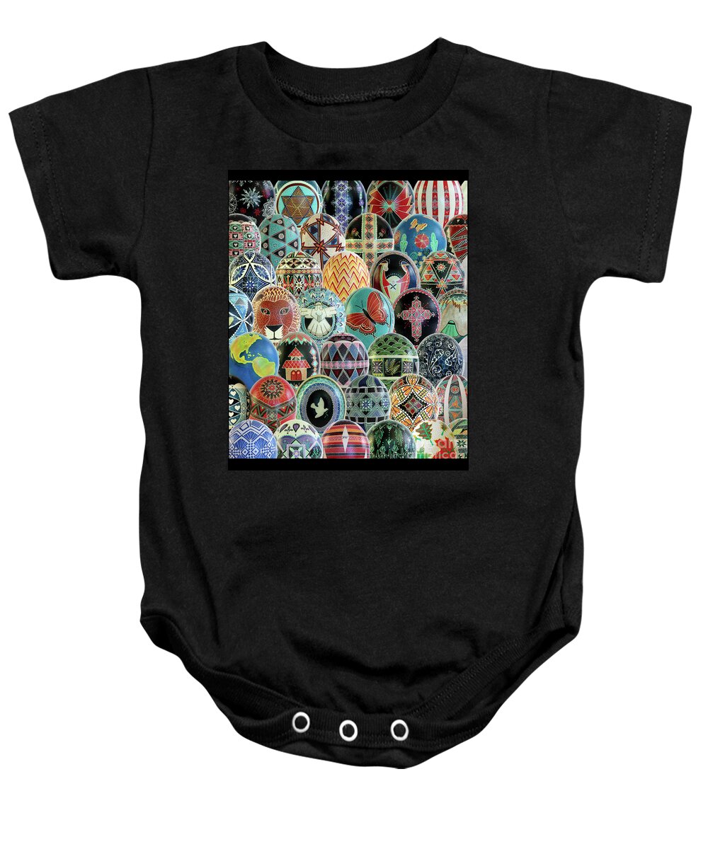 Pysanky Baby Onesie featuring the photograph All Ostrich Eggs Collage by E B Schmidt