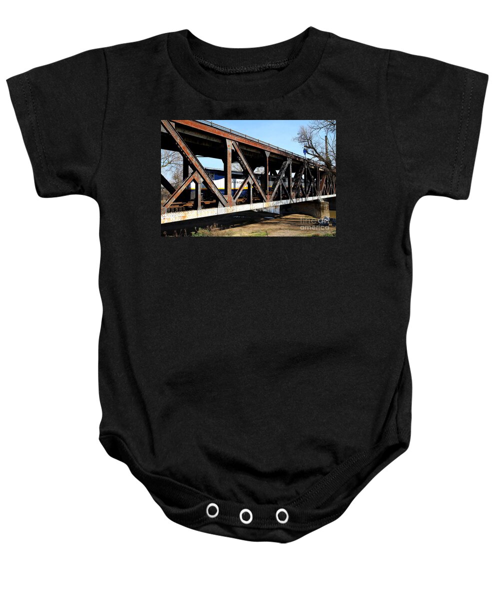Transportation Baby Onesie featuring the photograph Amtrak California Crossing The Old Sacramento Southern Pacific Train Bridge . 7D11410 by Wingsdomain Art and Photography