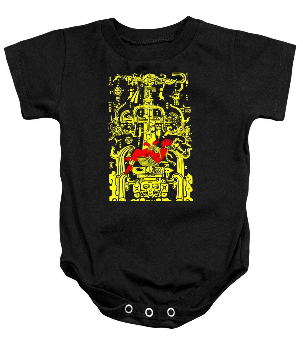 Ancient Baby Onesie featuring the digital art Ancient Astronaut Yellow and Red version by Piotr Dulski