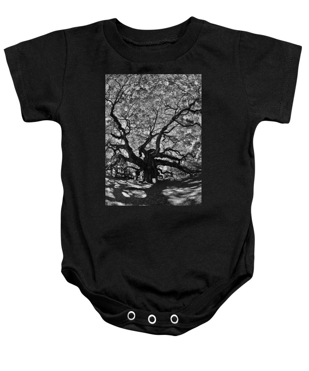 Angel Oak Johns Island Black And White Baby Onesie featuring the photograph Angel Oak Johns Island Black And White by Lisa Wooten