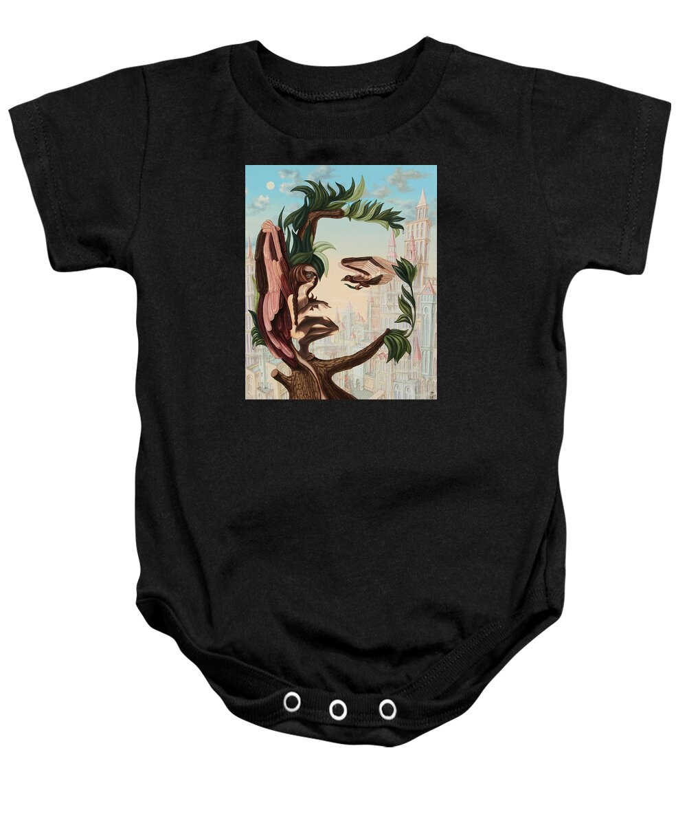 Marilyn Baby Onesie featuring the painting Angel, watching the reincarnation of Marilyn Monroe on the Swinging City Towers by Victor Molev
