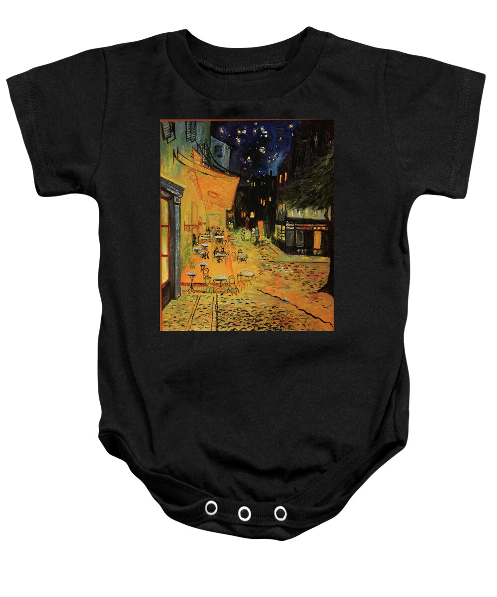 Van Gogh Baby Onesie featuring the painting Anitra's Version of Van Gogh's Cafe Terrace at Night by Anitra Handley-Boyt