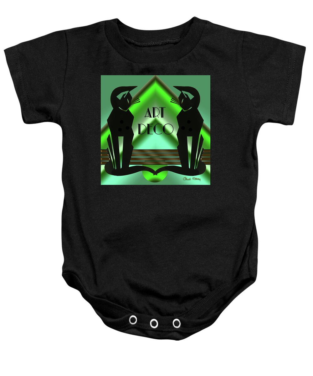 Art Deco Baby Onesie featuring the digital art Art Deco Cats - Emerald by Chuck Staley