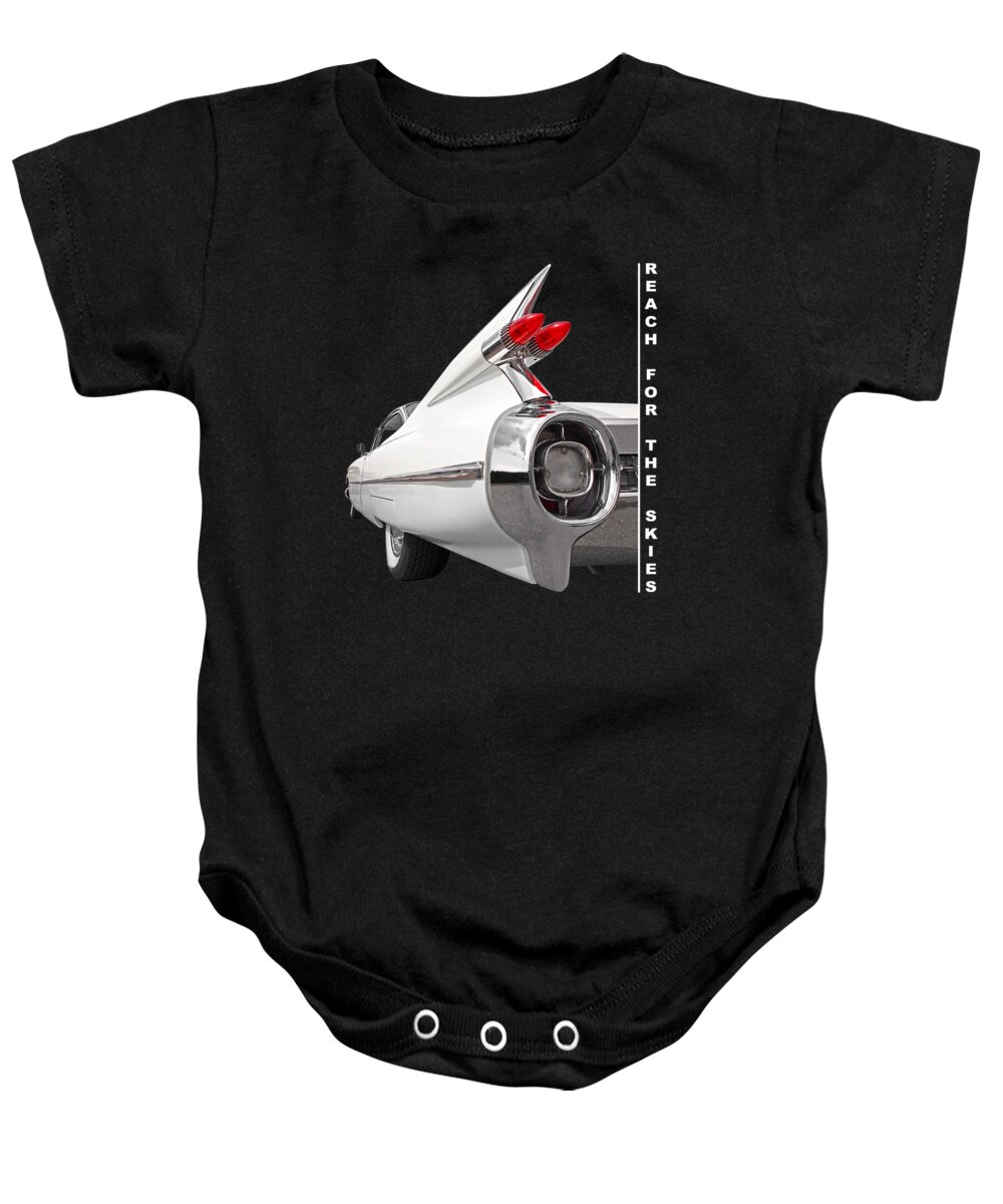 Cadillac Baby Onesie featuring the photograph Reach For The Skies - 1959 Cadillac Tail Fins Black and White by Gill Billington