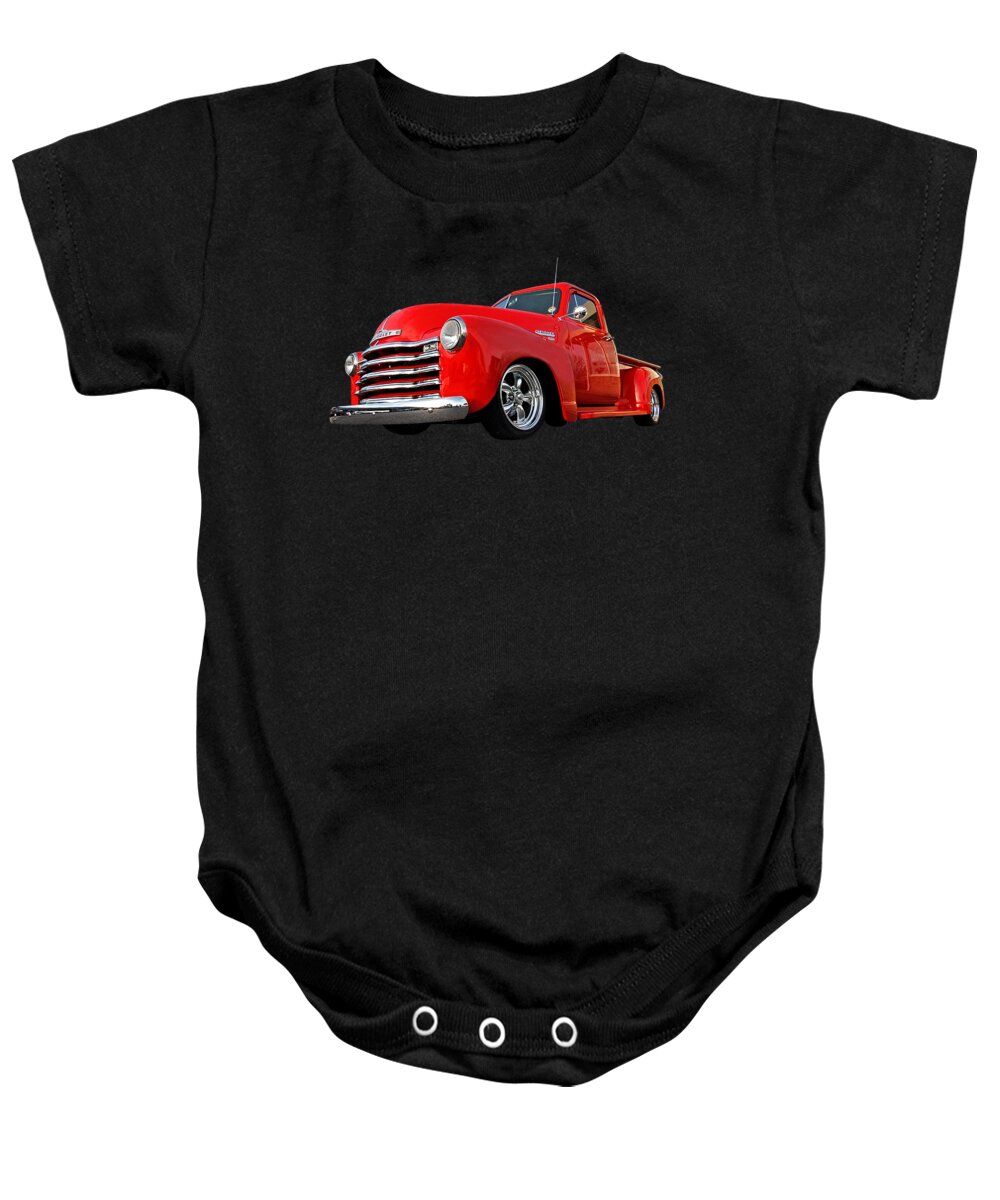 Chevrolet Truck Baby Onesie featuring the photograph 1952 Chevrolet Truck at the Diner by Gill Billington