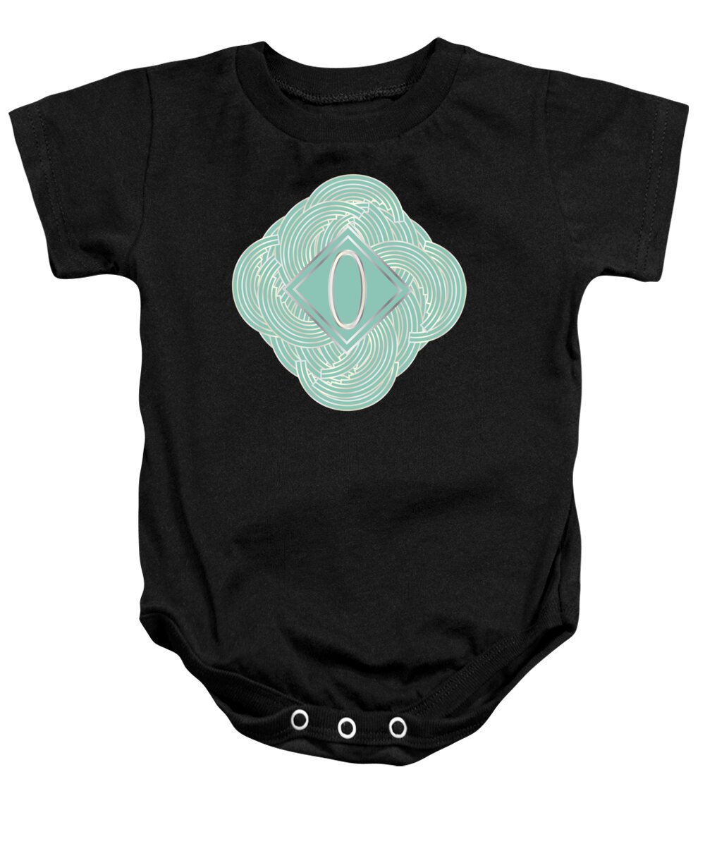 Monogrammed Baby Onesie featuring the digital art 1920s Blue Deco Jazz Swing Monogram ...letter O by Cecely Bloom