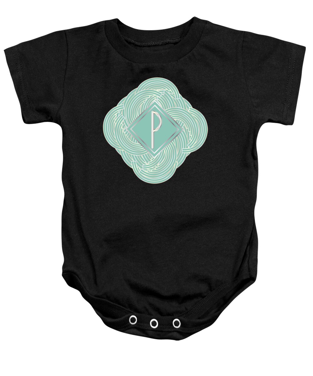 Monogrammed Baby Onesie featuring the digital art 1920s Blue Deco Jazz Swing Monogram ...letter P by Cecely Bloom