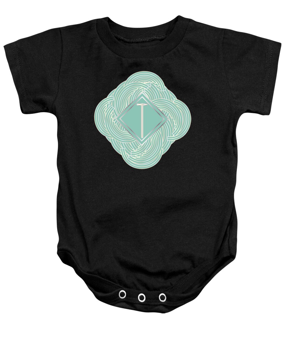 Monogrammed Baby Onesie featuring the digital art 1920s Blue Deco Jazz Swing Monogram ...letter T by Cecely Bloom