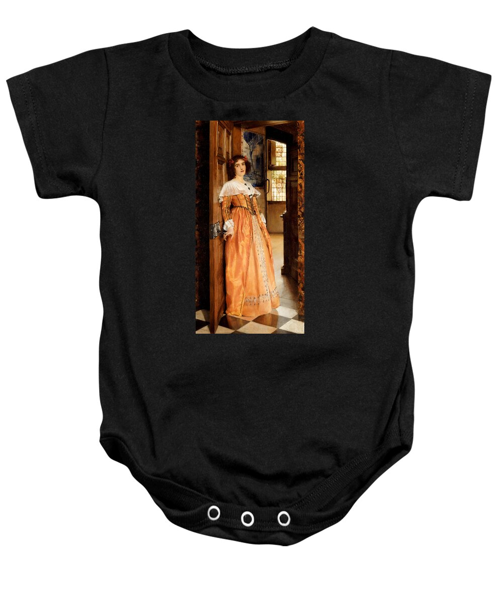 At The Doorway Baby Onesie featuring the painting At The Doorway by Laura Theresa Alma-Tadema