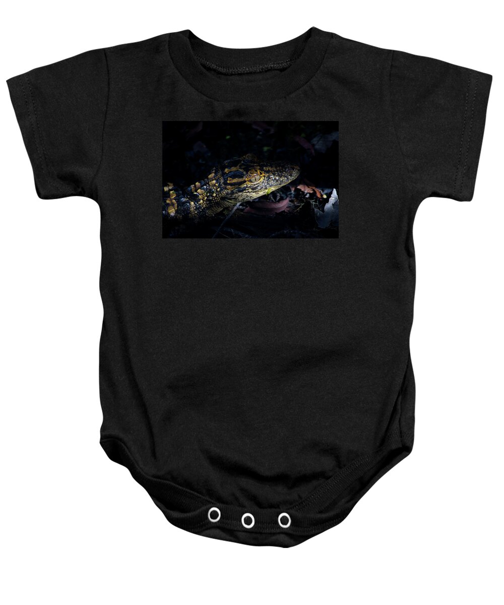 Alligator Baby Onesie featuring the photograph Baby Alligator in the Swamp by Mark Andrew Thomas