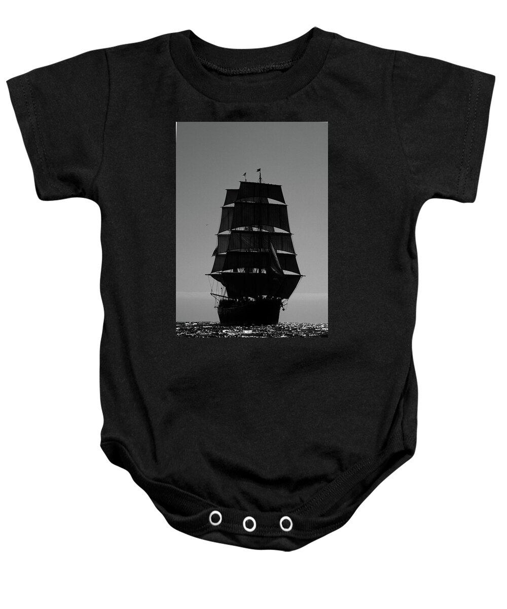 Black And White Baby Onesie featuring the photograph Back lit Tall Ship by David Shuler