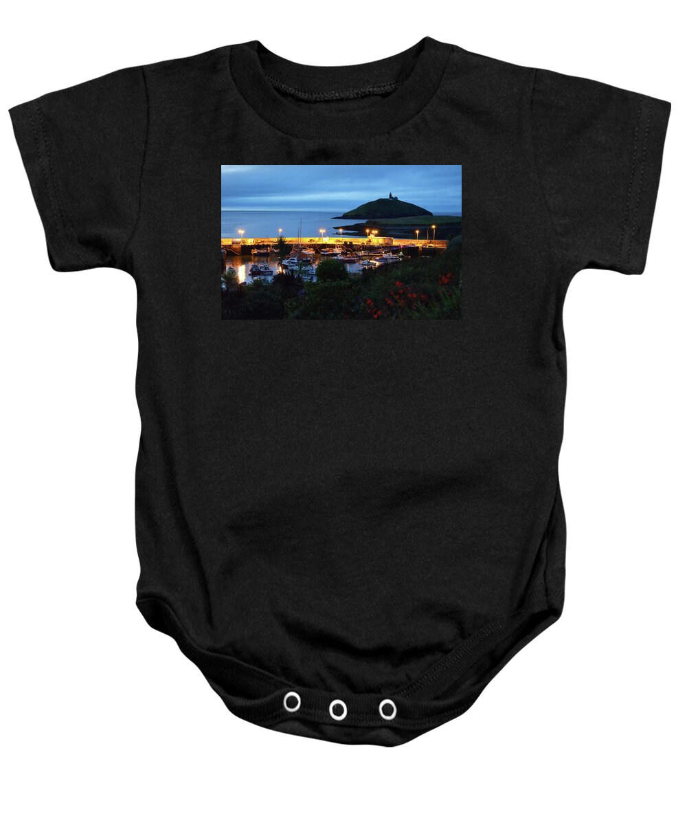 Travelpixpro Baby Onesie featuring the photograph Ballycotton Ireland Marina Harbour and Lighthouse East County Cork by Shawn O'Brien