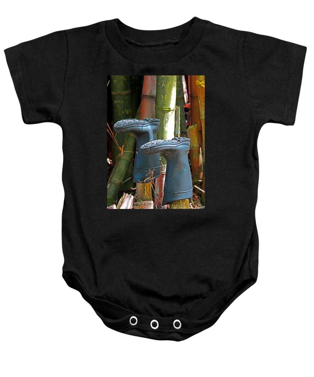  Blac Boots Baby Onesie featuring the photograph Bamboo Boots by Jennifer Robin