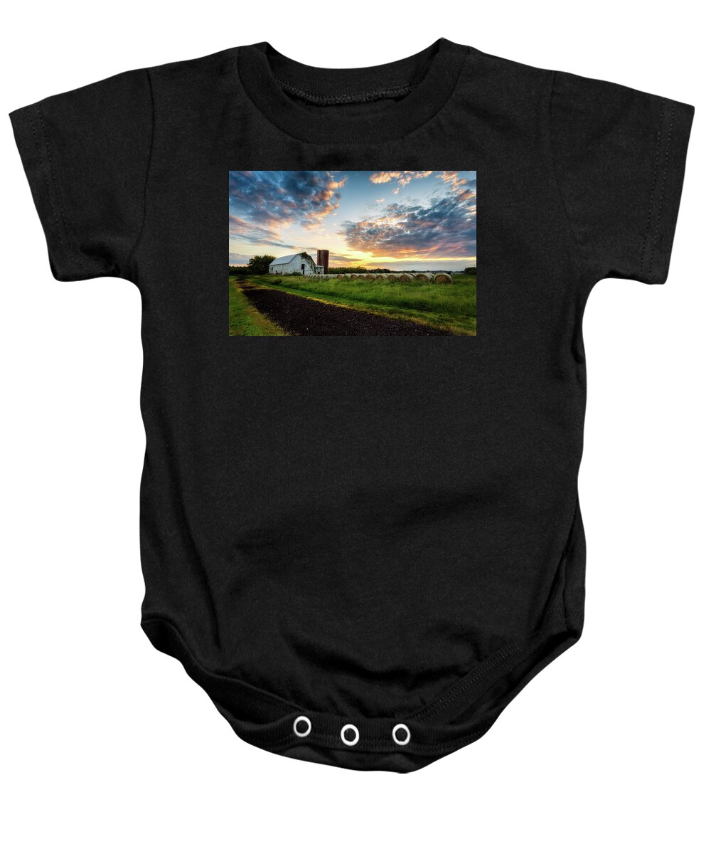 Heart Of The First Day’s Battlefield Baby Onesie featuring the photograph Barn and Bales by C Renee Martin