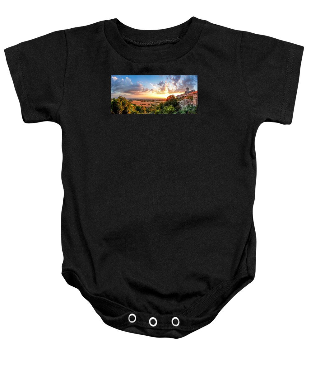 Abbey Baby Onesie featuring the photograph Basilica of St. Francis of Assisi at sunset, Umbria, Italy by JR Photography