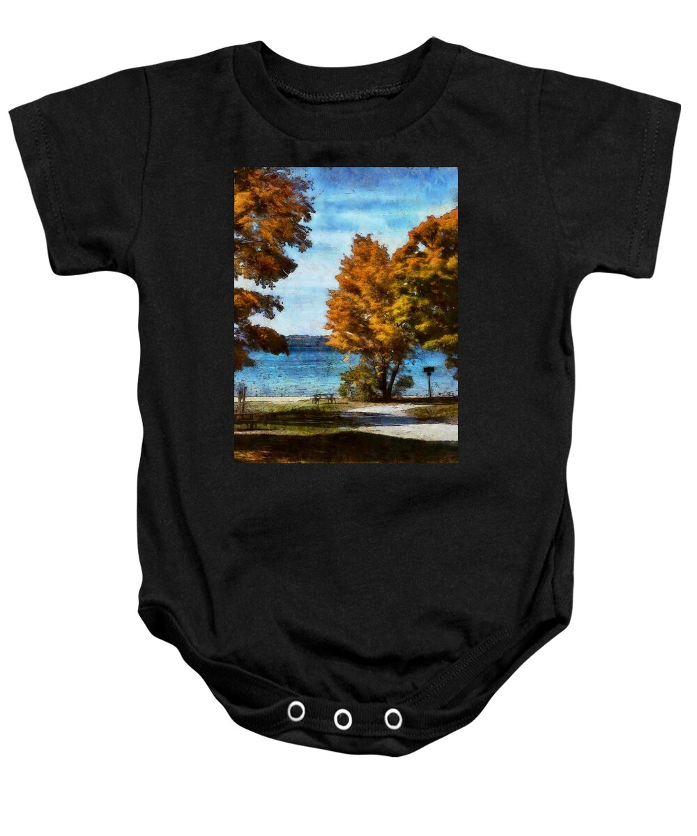 Autumn Baby Onesie featuring the digital art Bass Lake October by JGracey Stinson