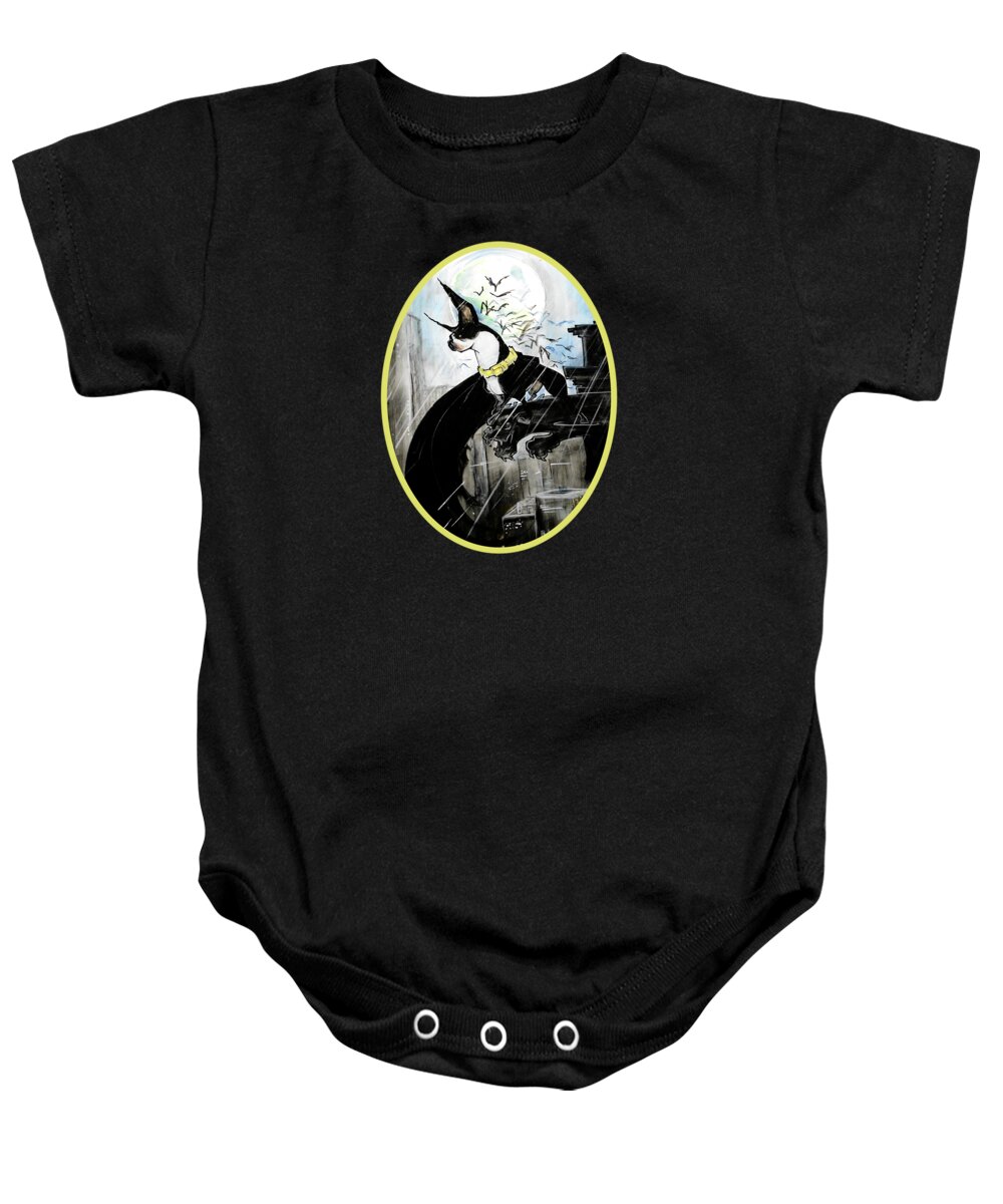 Dog Caricature Baby Onesie featuring the drawing Batman Boston Terrier Caricature Art Print by John LaFree