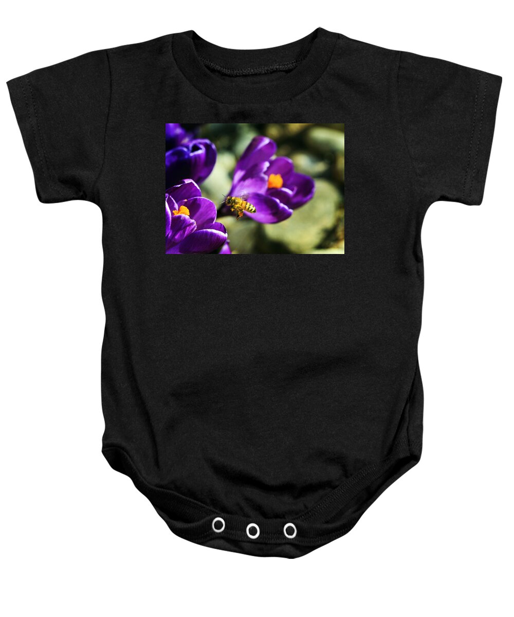 Bee Baby Onesie featuring the photograph Bee in Flight by Marilyn Hunt