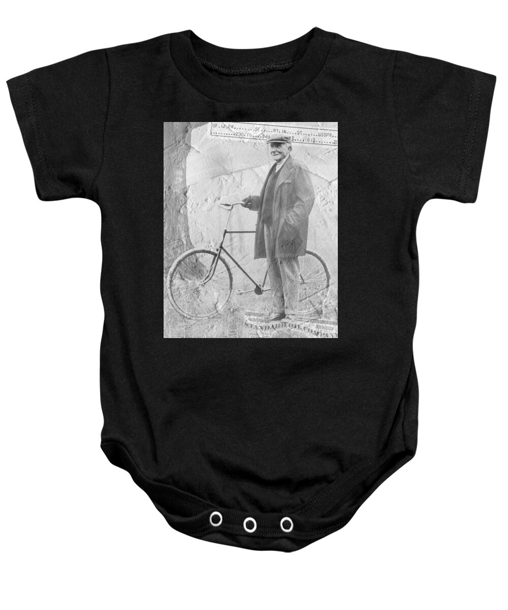 Bicycle Baby Onesie featuring the photograph Bicycle and JD Rockefeller Vintage Photo Art by Karla Beatty