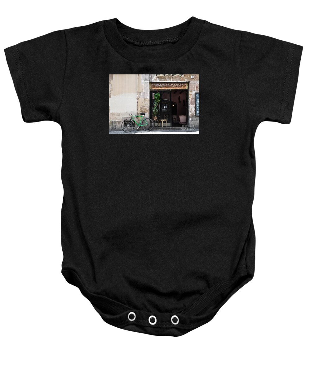 Bar Baby Onesie featuring the photograph Bicycle And Reflections At L'antiquari Bar Barcelona by RicardMN Photography