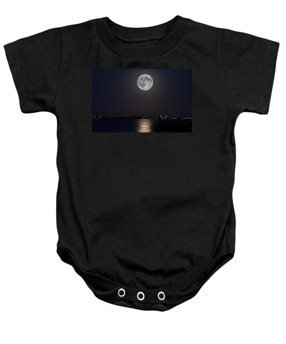 Moon Baby Onesie featuring the photograph Big Moon Over The Bay by Richard Goldman