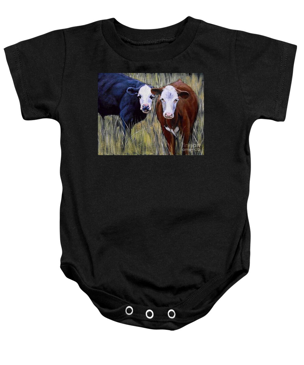 Cow Baby Onesie featuring the painting Black and Brown Cow by Christopher Shellhammer
