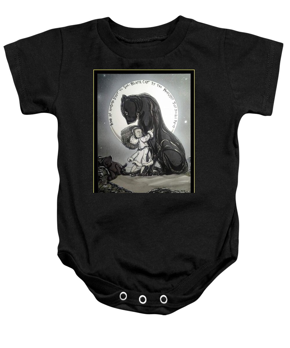 Panther Baby Onesie featuring the mixed media Black Cat by the Moonlight by Demitrius Motion Bullock