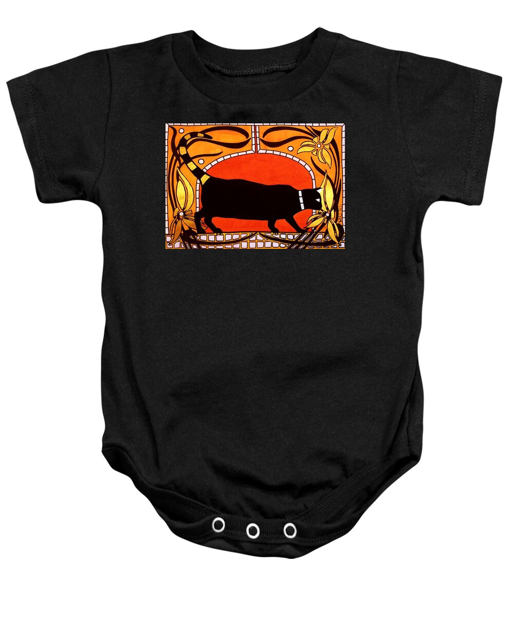 Cat Baby Onesie featuring the painting Black Cat with floral motif of Art Nouveau by Dora Hathazi Mendes by Dora Hathazi Mendes