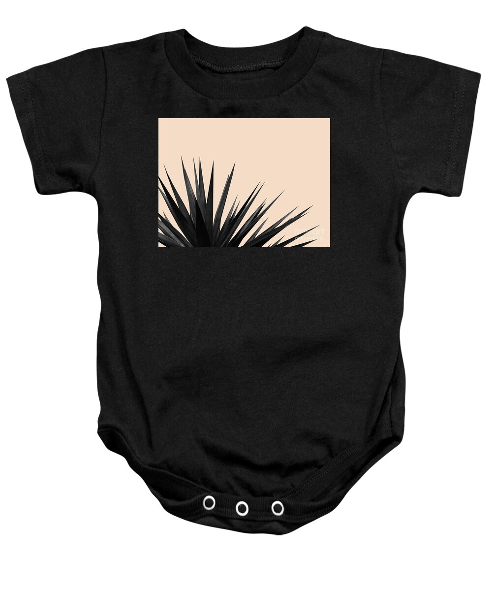 Black Baby Onesie featuring the mixed media Black Palms on Pale Pink by Emanuela Carratoni
