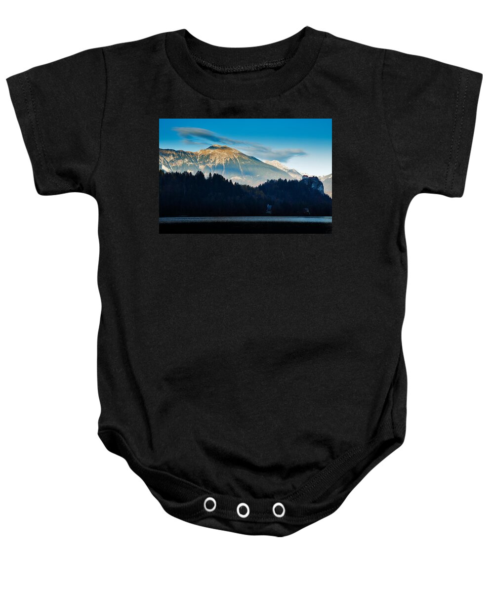 Bled Baby Onesie featuring the photograph Bled Castle by Ian Middleton
