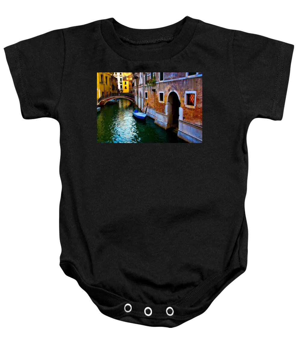 Venice Baby Onesie featuring the photograph Blue Boat at Twilight by Harry Spitz