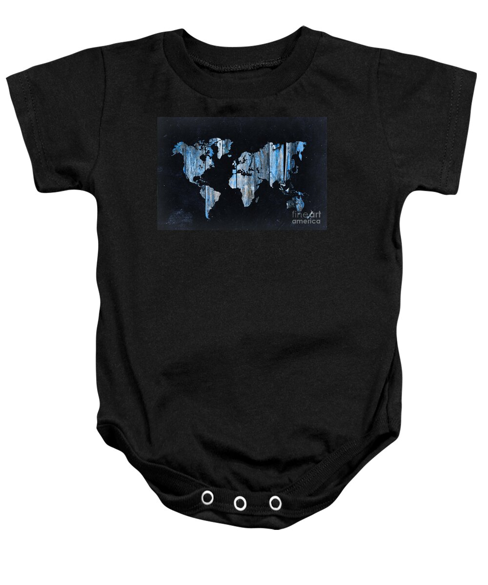 World Baby Onesie featuring the photograph Blue planks on black world map by Delphimages Map Creations
