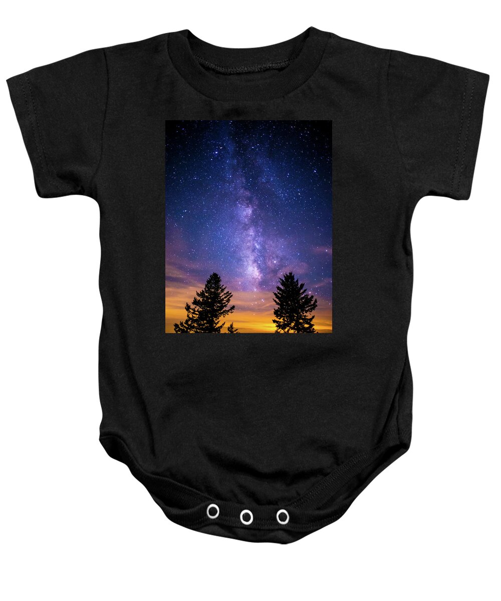 Night Baby Onesie featuring the photograph Blue Ridge Parkway NC Milky Way Landscape by Robert Stephens