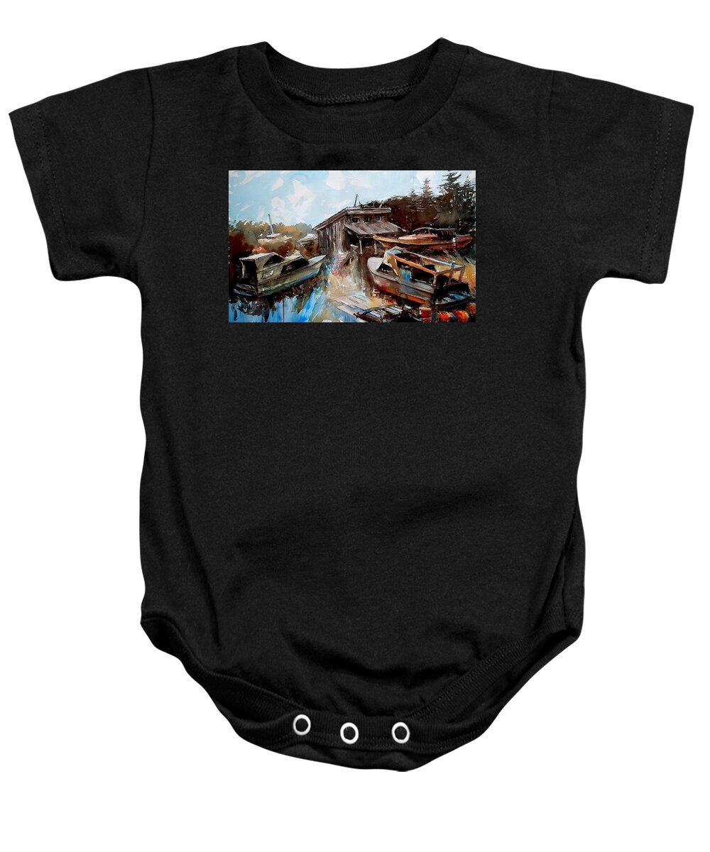 Boats House Water Baby Onesie featuring the painting Boats in the Slough by Ron Morrison