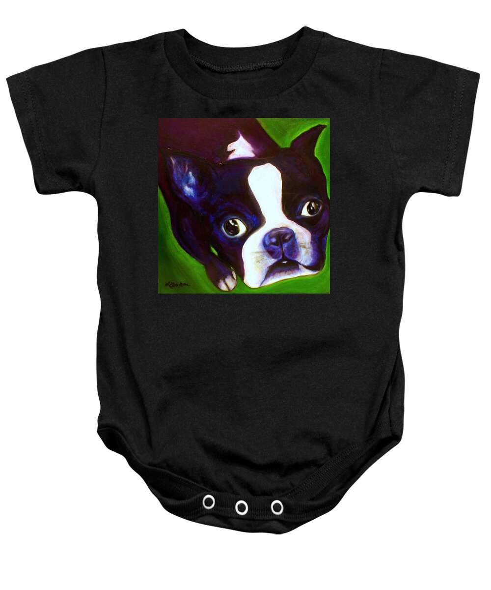 Dogs Baby Onesie featuring the painting Boston Terrier - Elwood by Laura Grisham