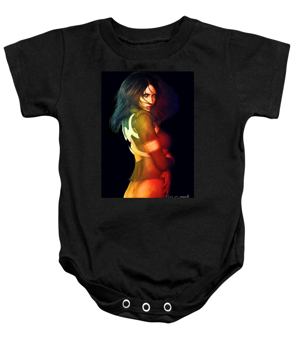 Girl Baby Onesie featuring the digital art Bottomless Sci-Fi Steampunk Girl by Alicia Hollinger