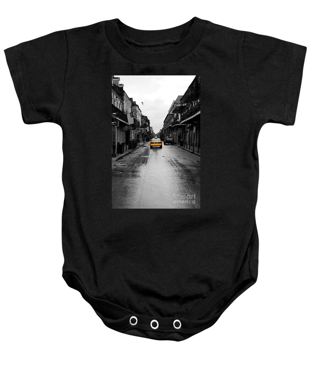 Travelpixpro French Quarter Baby Onesie featuring the digital art Bourbon Street Taxi French Quarter New Orleans Color Splash Black and White Watercolor Digital Art by Shawn O'Brien