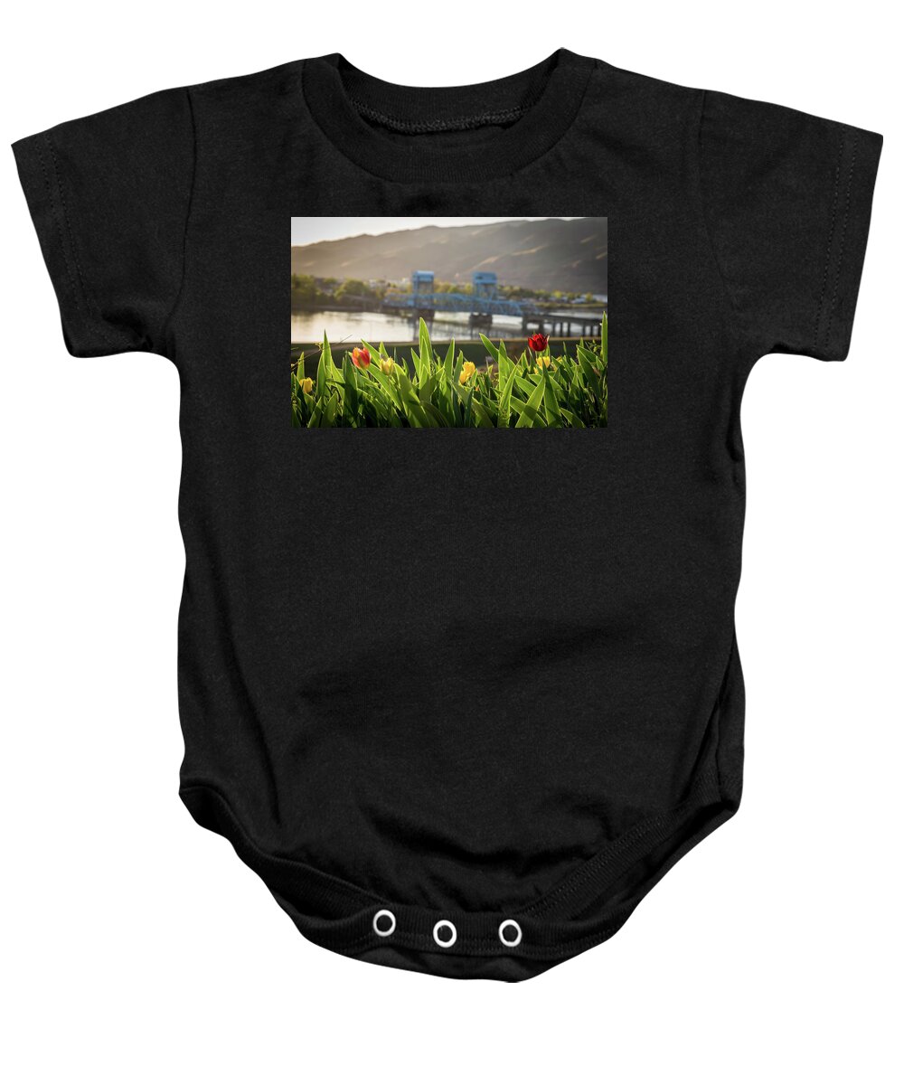 Tulips Baby Onesie featuring the photograph Bridge through the Tulips by Brad Stinson