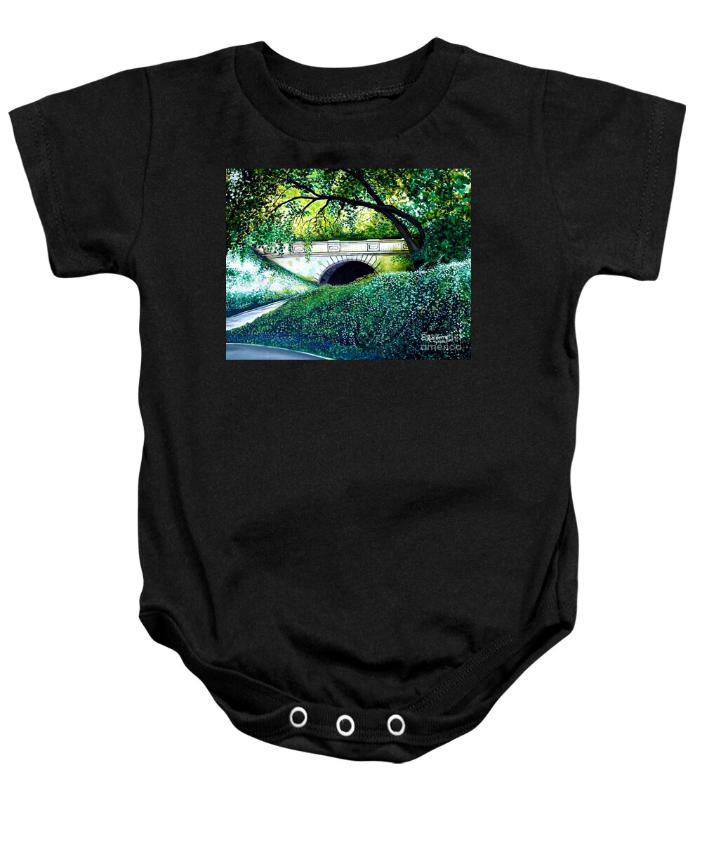 Landscape Baby Onesie featuring the painting Bridge to New York by Elizabeth Robinette Tyndall