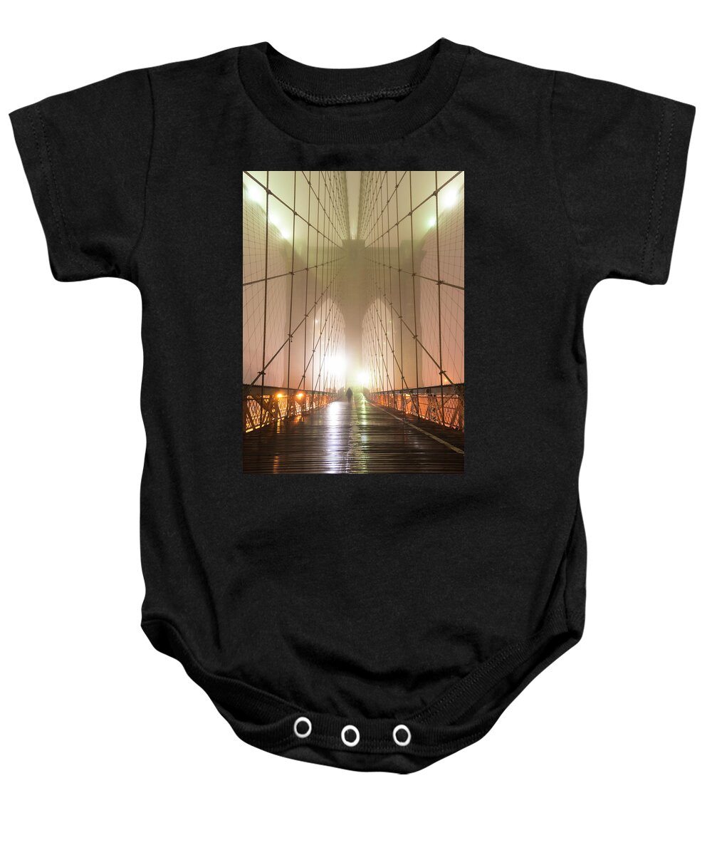 Manhattan Baby Onesie featuring the photograph Brooklyn Bridge in Fog by Randy Lemoine