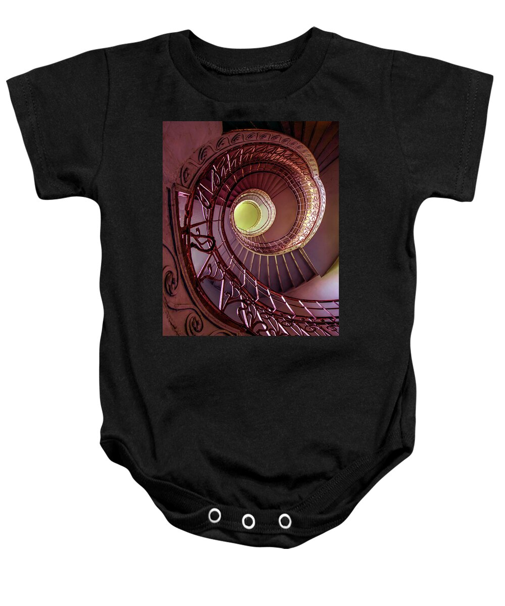 Architecture Baby Onesie featuring the photograph Brown spiral art deco staircase by Jaroslaw Blaminsky