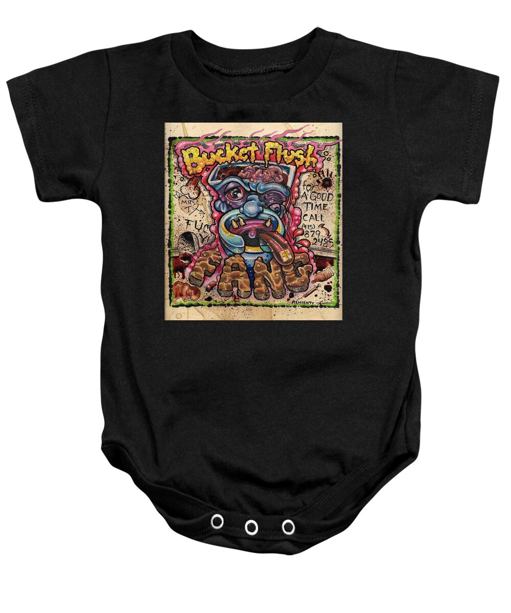 Ryan Almighty Baby Onesie featuring the painting BUCKET FLUSH and FANG cover art by Ryan Almighty