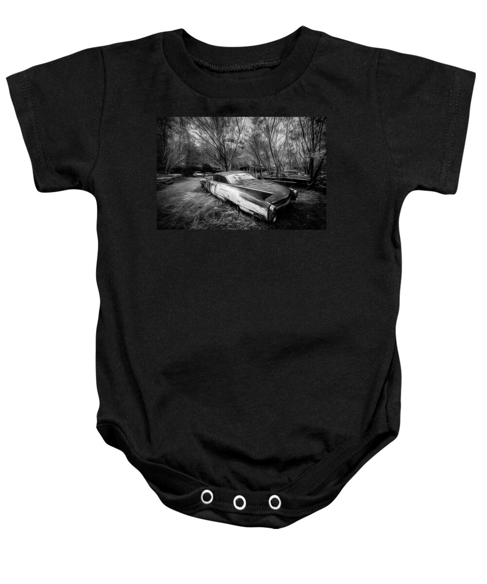 American Baby Onesie featuring the photograph Caddy in the Woods Black and White by Debra and Dave Vanderlaan
