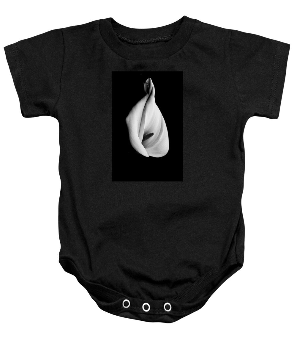Calla Baby Onesie featuring the photograph Calla Challenge in Black and White by Venetia Featherstone-Witty