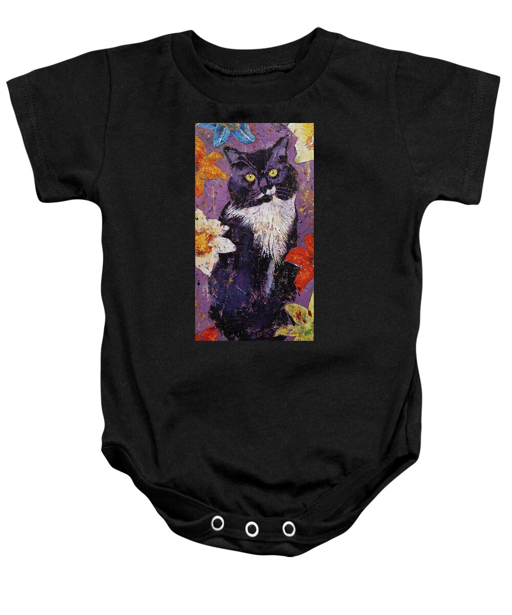 Cat Baby Onesie featuring the painting Cat with Tiger Lilies by Michael Creese