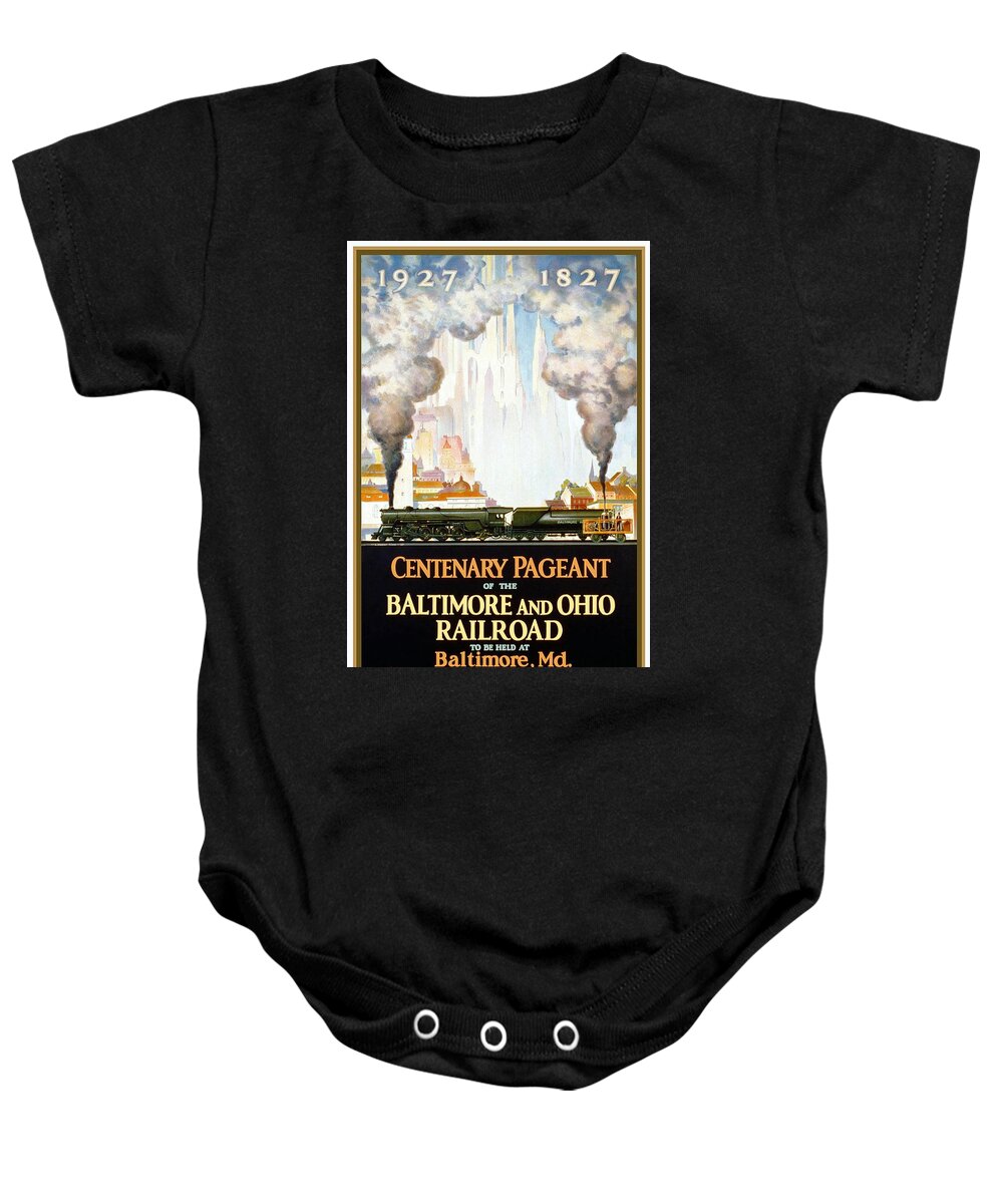 Centenary Pageant Baby Onesie featuring the mixed media Centenary Pageant of the Baltimore - Steam Engine - Retro travel Poster - Vintage Poster by Studio Grafiikka