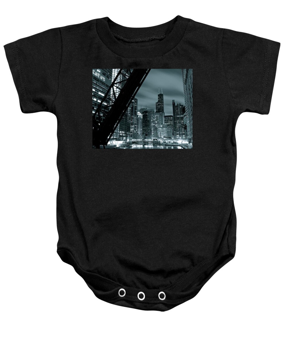 Chicago Baby Onesie featuring the photograph Chicago Grayscale Night by Frozen in Time Fine Art Photography