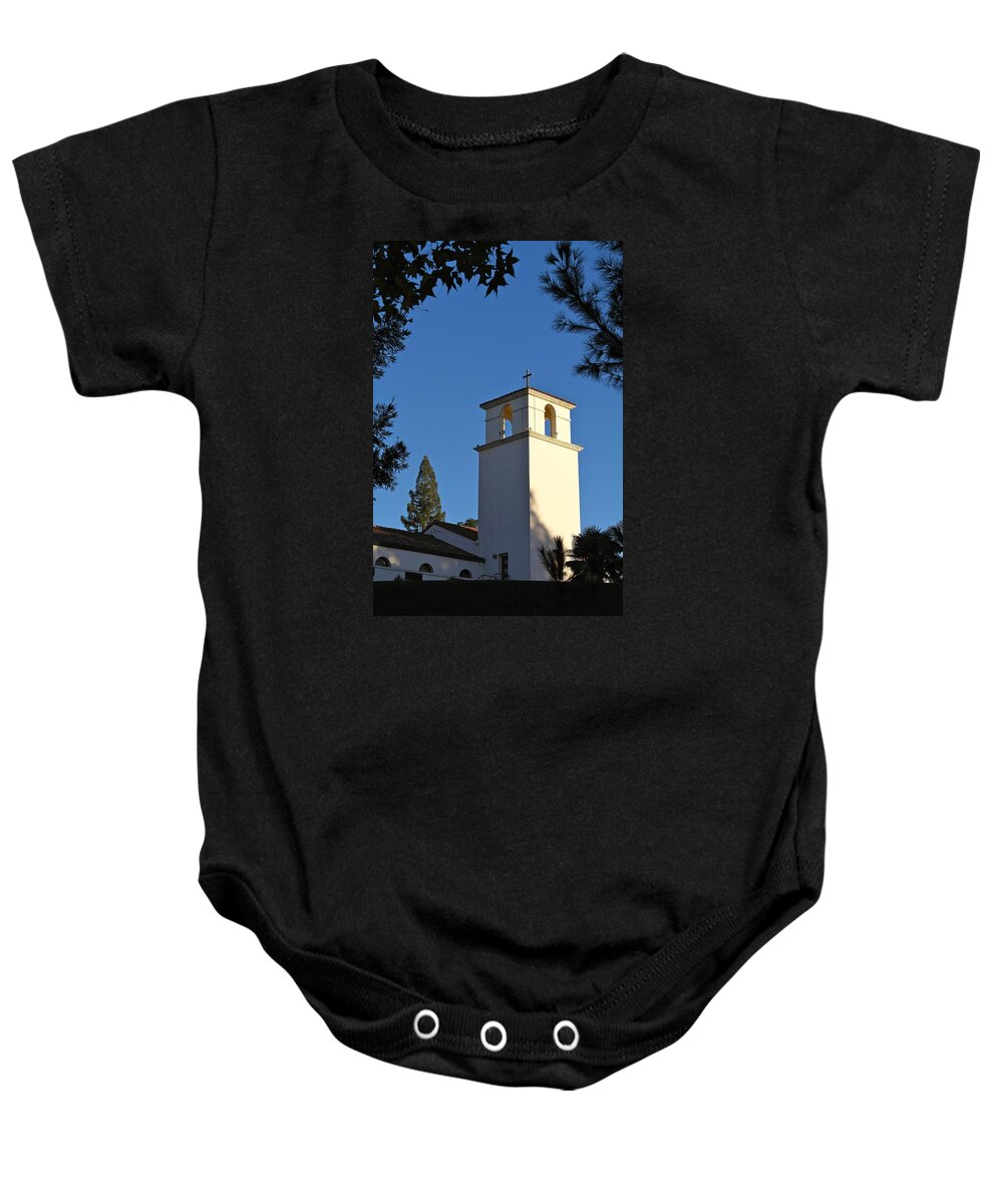 Christ The King Retreat Center Baby Onesie featuring the photograph Christ the King Chapel Tower by Michele Myers