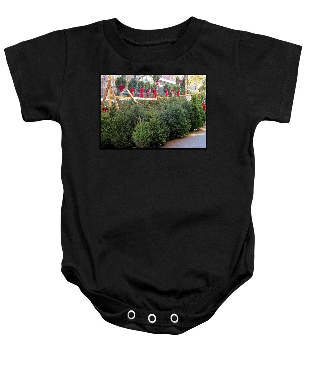 Christmas Trees Baby Onesie featuring the photograph Christmas Tree Shopping in the City by Betty Buller Whitehead