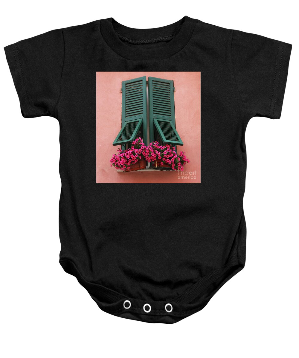 Cinque Terre Baby Onesie featuring the photograph Cinque Terre Window Flowers 0729 by Jack Schultz